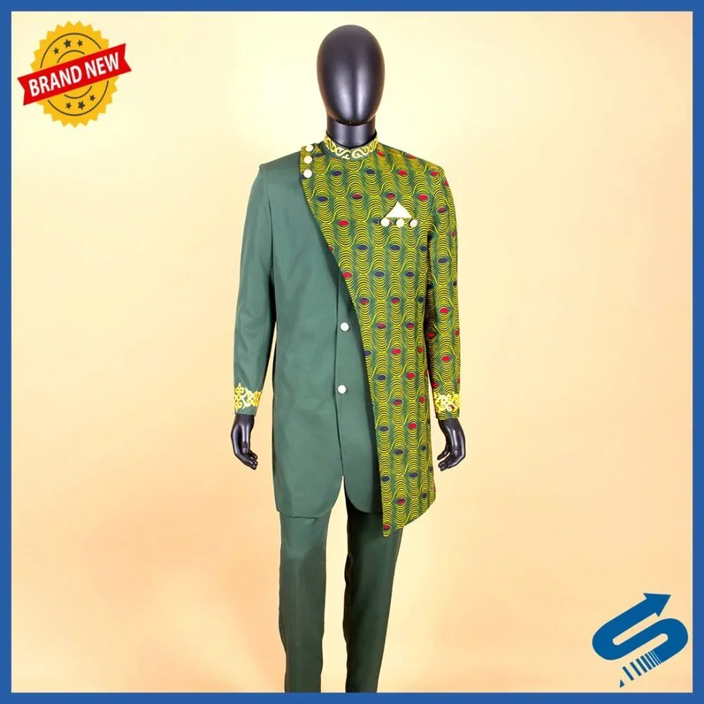 Men's African Suit Set Blazer Pants Embroidery Print Business Wedding Party